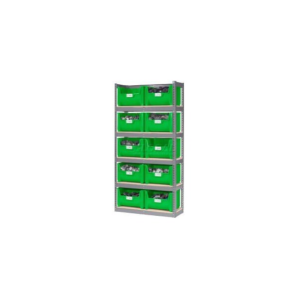 Global Equipment Steel Boltless Wood Deck Shelving 10 Plastic Hopper Bins Green, 42x15x84